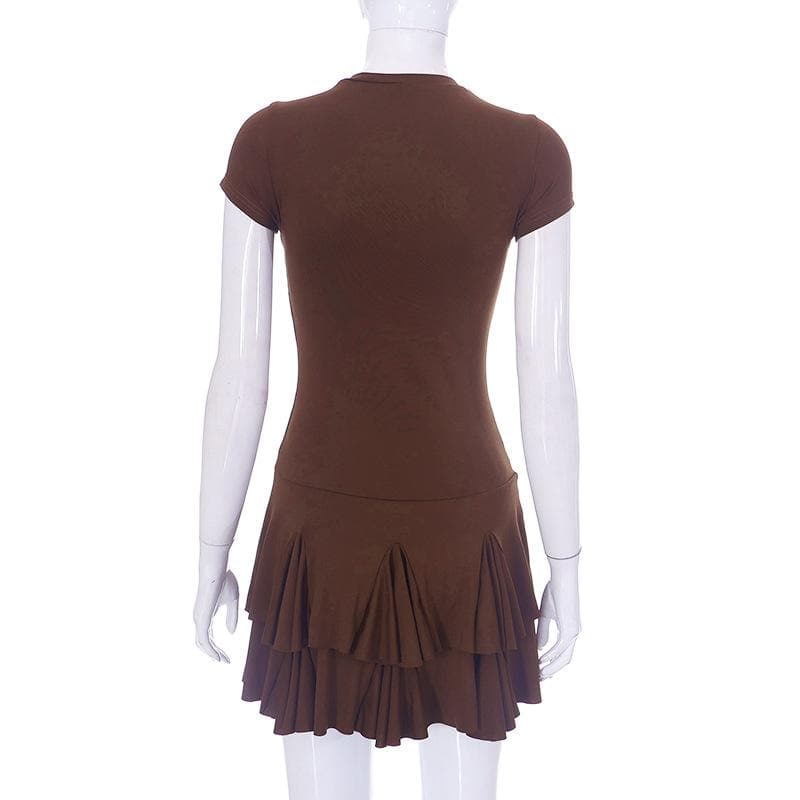 Crew Neck Drop Waist Pleated Tier Mini Dress