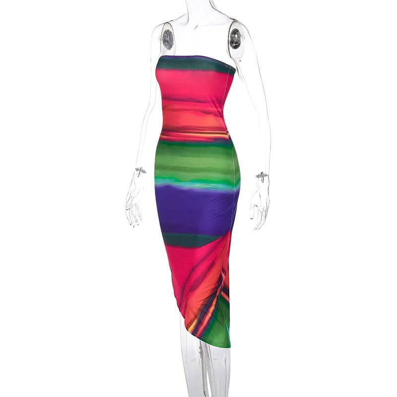 Strapless Watercolor Stripe Print Asymmetrical Hem Bodycon Midi Dress
