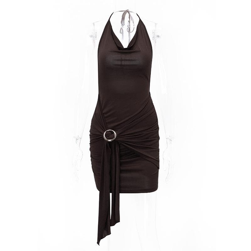Cowl Neck Halter Ruched Buckle Side Drape Mini Dress