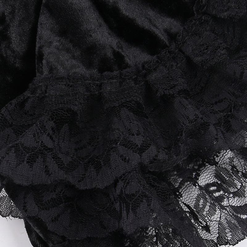 Sleeveless Velvet Lace Hem Ruffle Lace-Up Mini Dress