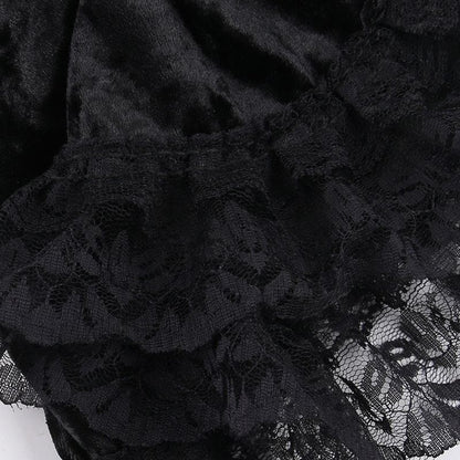 Sleeveless Velvet Lace Hem Ruffle Lace-Up Mini Dress