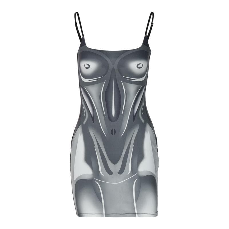 Square Neck Contour Print Spaghetti Strap Mini Dress