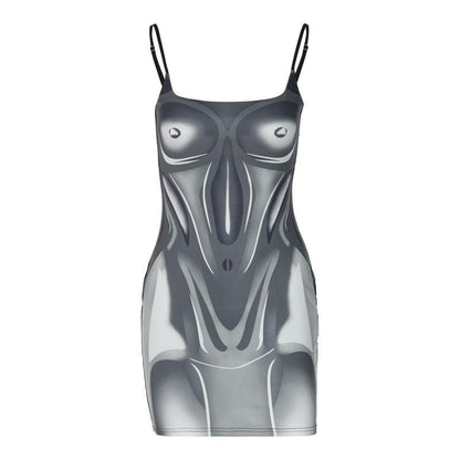 Square Neck Contour Print Spaghetti Strap Mini Dress