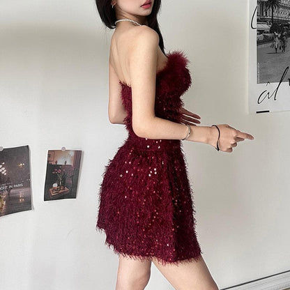 Strapless Feather Trim Eyelash Sequin Tube Mini Dress