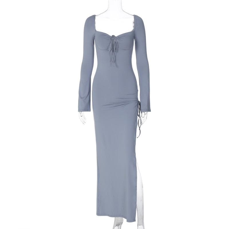 Sweetheart Lace-Up Front Ring Drawstring High Slit Long Sleeve Bodycon Maxi Dress