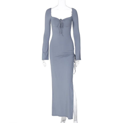 Sweetheart Lace-Up Front Ring Drawstring High Slit Long Sleeve Bodycon Maxi Dress