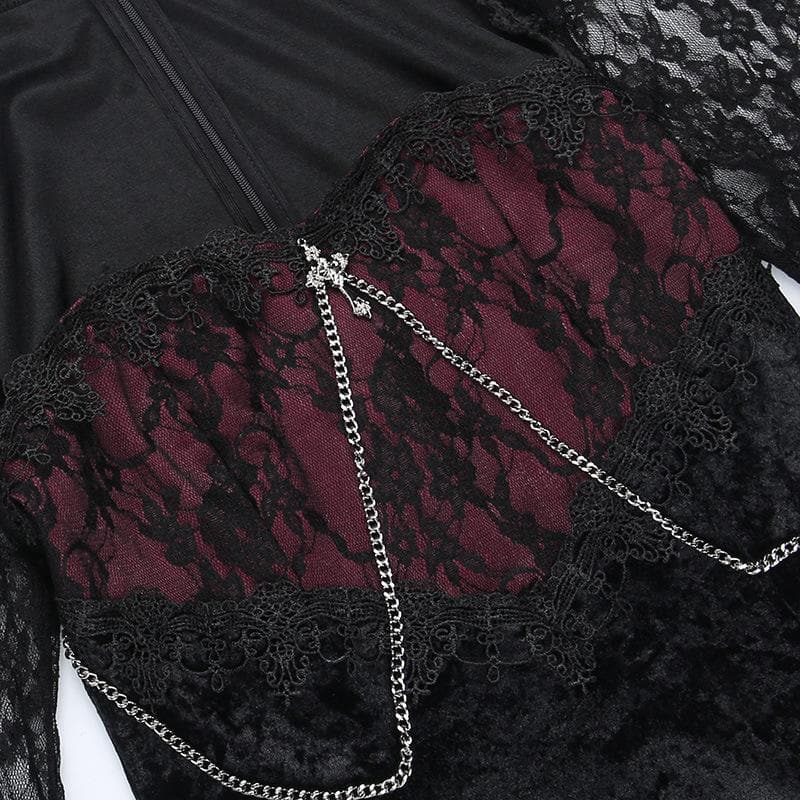 Square Neck Lace Overlay Chain Cross Crushed Velvet Bell Sleeve Midi Dress