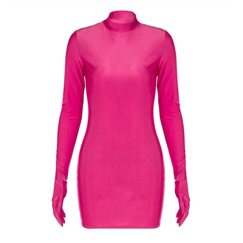 Mock Neck Integrated Glove Sleeve Bodycon Mini Dress