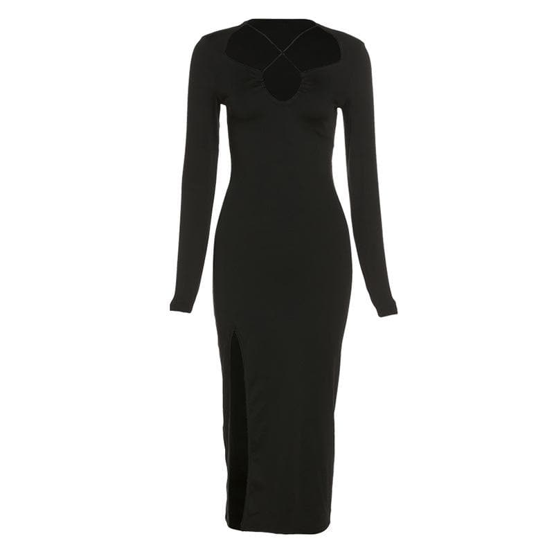 Square Neck Criss Cross Strap Cutout Long Sleeve Side Slit Maxi Dress