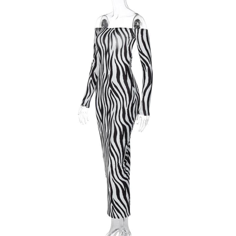 Off Shoulder Long Sleeve Zebra Print Bodycon Maxi Dress