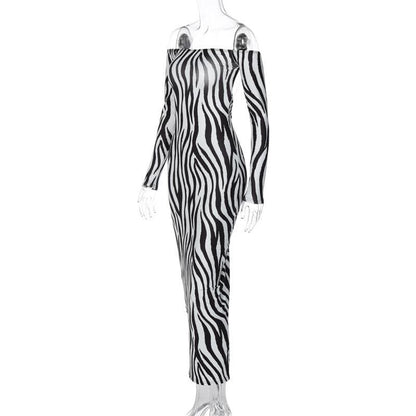 Off Shoulder Long Sleeve Zebra Print Bodycon Maxi Dress