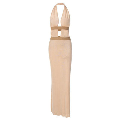 Halter Deep V Neck Mesh Band Cutout High Slit Bodycon Maxi Dress