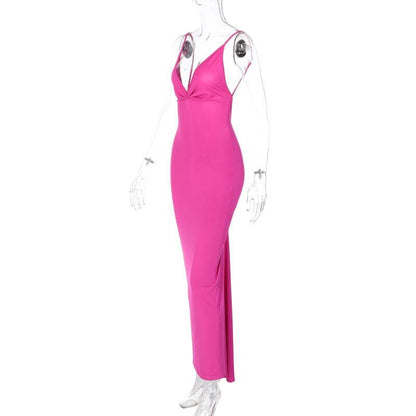 Ruched Back Deep V Backless Spaghetti Strap Maxi Dress