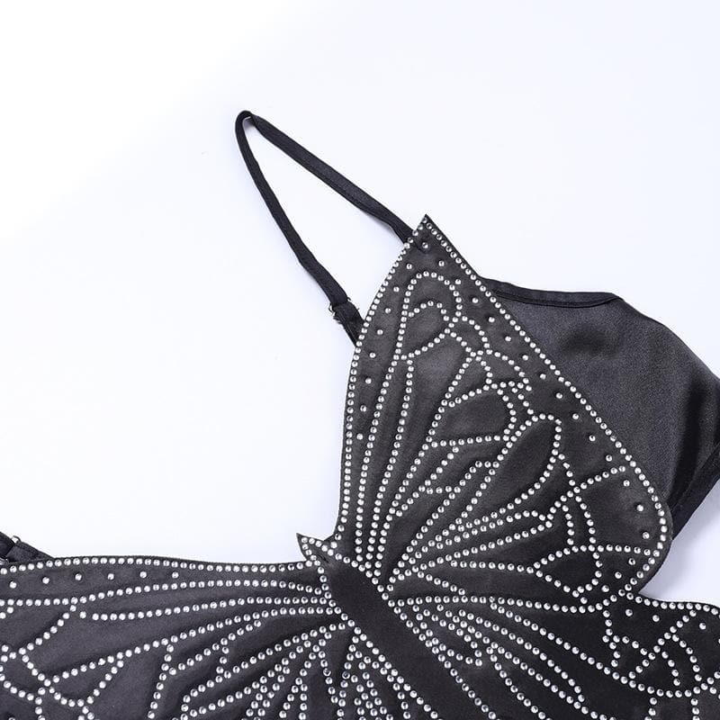 Rhinestone Butterfly Motif Spaghetti Strap Waist Cutout Satin Maxi Dress