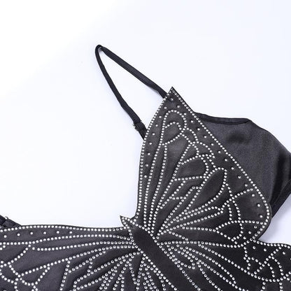 Rhinestone Butterfly Motif Spaghetti Strap Waist Cutout Satin Maxi Dress