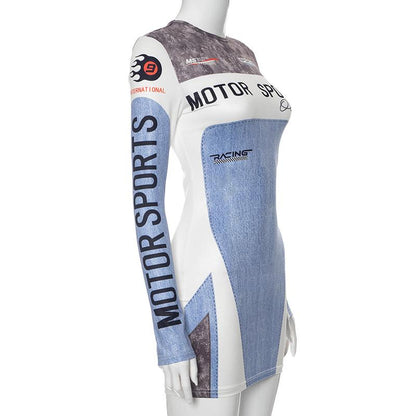 Motorsport Print Long Sleeve Crew Neck Patchwork Bodycon Mini Dress