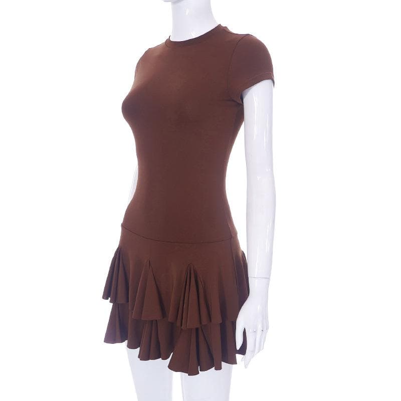 Crew Neck Drop Waist Pleated Tier Mini Dress