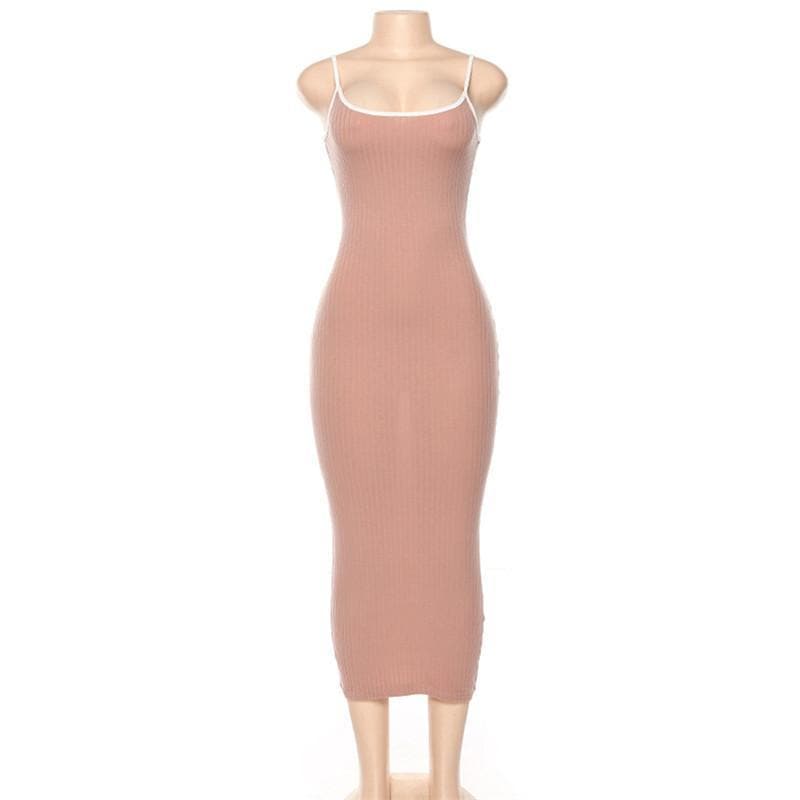 Ribbed Scoop Neck Contrast Trim Spaghetti Strap Midi Dress