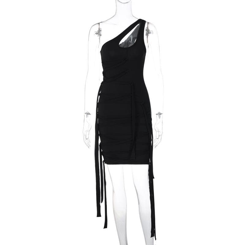 One Shoulder Bandage Lace Up Ribbon Strap Tassel Hem Mini Dress