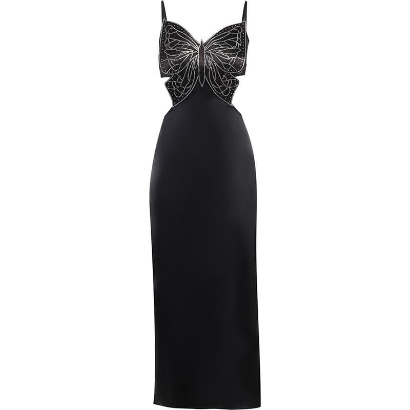 Rhinestone Butterfly Motif Spaghetti Strap Waist Cutout Satin Maxi Dress