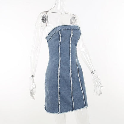 Raw Edge Panel Seam Strapless Denim Tube Mini Dress