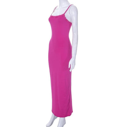 Square Neck Lace Trim Spaghetti Strap Backless Bodycon Maxi Dress