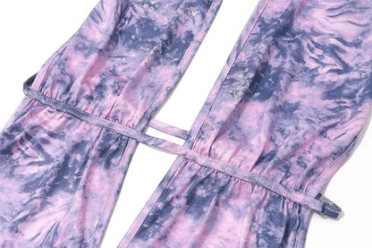 Halter Deep V Neck Lace Waist Ruffle Skirt Tie Dye Mini Dress