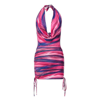 Abstract Print Cowl Neck Halter Side Cutout Drawstring Ruched Bodycon Mini Dress