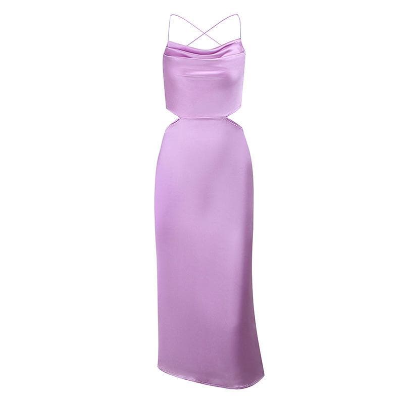 Cowl Neck Criss Cross Strap Side Cutout Satin Midi Dress