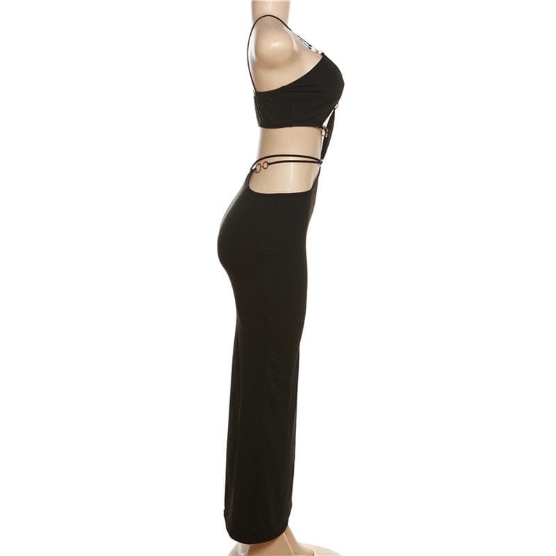 Plunging V-Neck Spaghetti Strap Midriff Ring Cutout Ribbed Maxi Dress