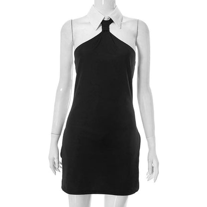 Halter Neck Contrast Shirt Collar Necktie Knot Sleeveless Bodycon Mini Dress