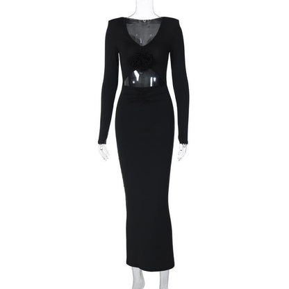 Deep V Neck 3D Rosette Applique Midriff Cutout Ruched Long Sleeve Maxi Dress