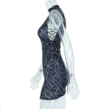 Mock Neck Geometric Print Side Lace Up Bodycon Mini Dress