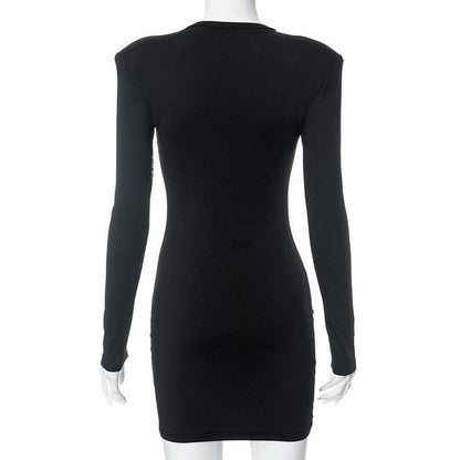 Mesh Patchwork Padded Shoulder Long Sleeve Bodycon Mini Dress