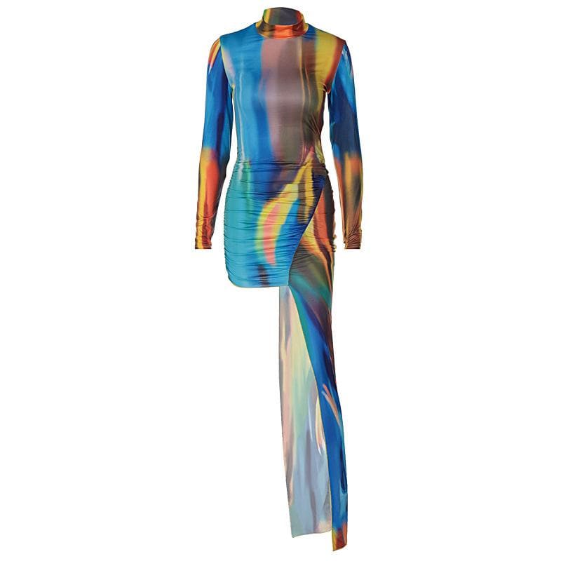 Mock Neck Long Sleeve Aurora Print Ruched Asymmetric Maxi Dress