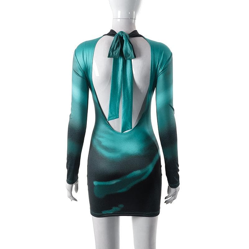 Abstract Print Long Sleeve Self Tie Backless Bodycon Mini Dress