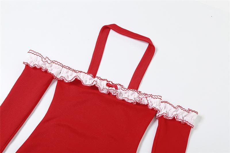 Ruffle Trim Tube Halter Glove Sleeve Irregular Slit Mini Dress
