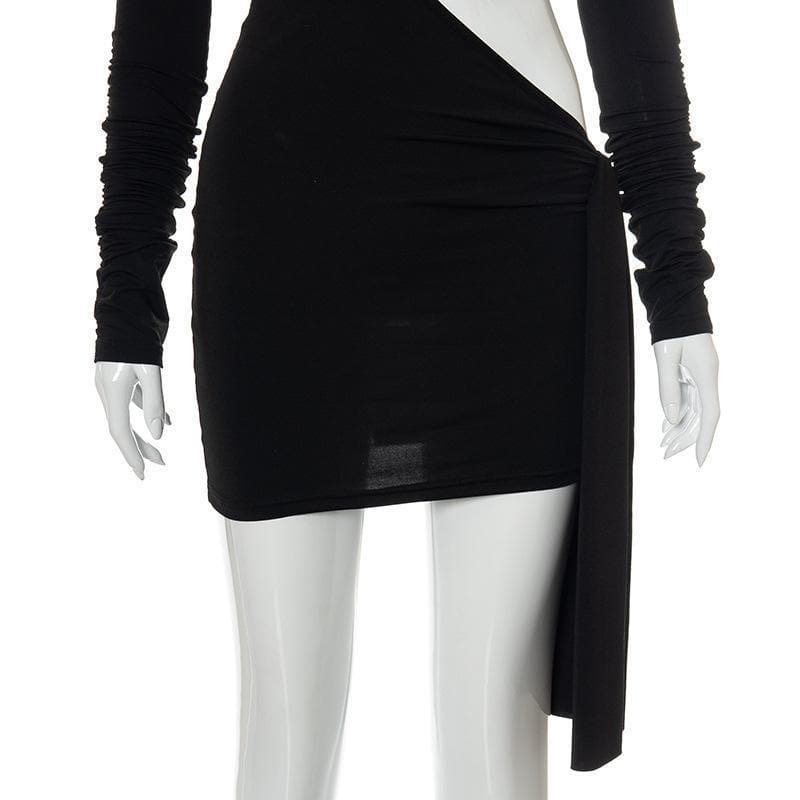 Crew Neck Padded Shoulder Multi Cutout Drape Panel Mini Dress