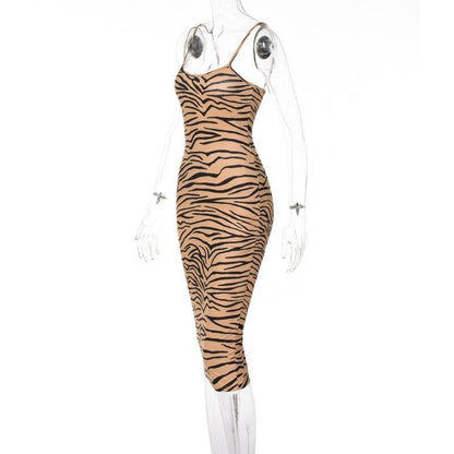Zebra Print Spaghetti Strap Scoop Neck Bodycon Midi Dress