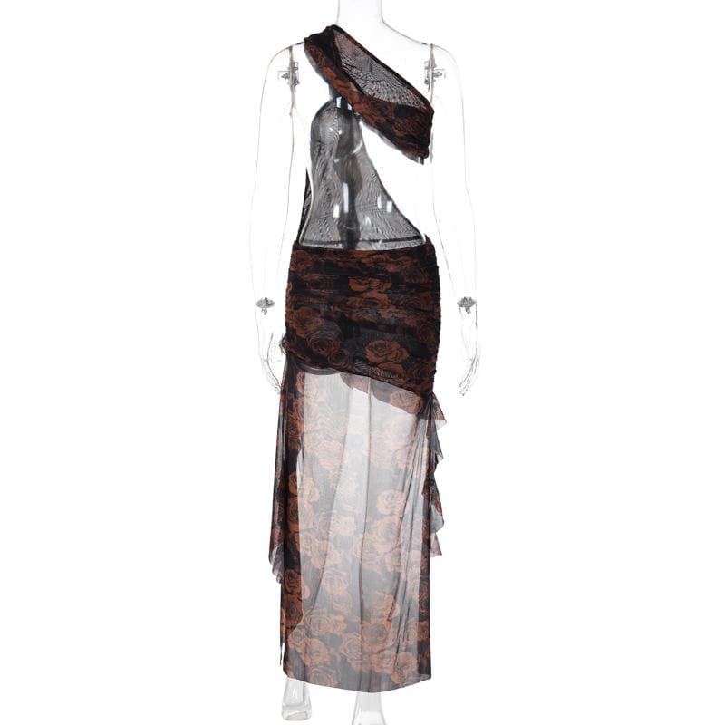 One-Shoulder Applique Cutout Ruched Asymmetric Hem Midi Dress
