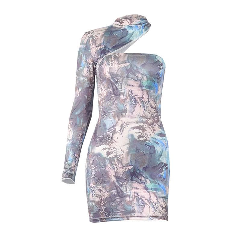 Marble Print One Shoulder Mock Neck Cutout Long Sleeve Mini Dress