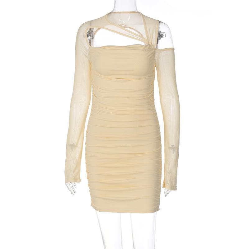 Asymmetric Cutout Crisscross Strap Ruched Mesh Long Sleeve Mini Dress