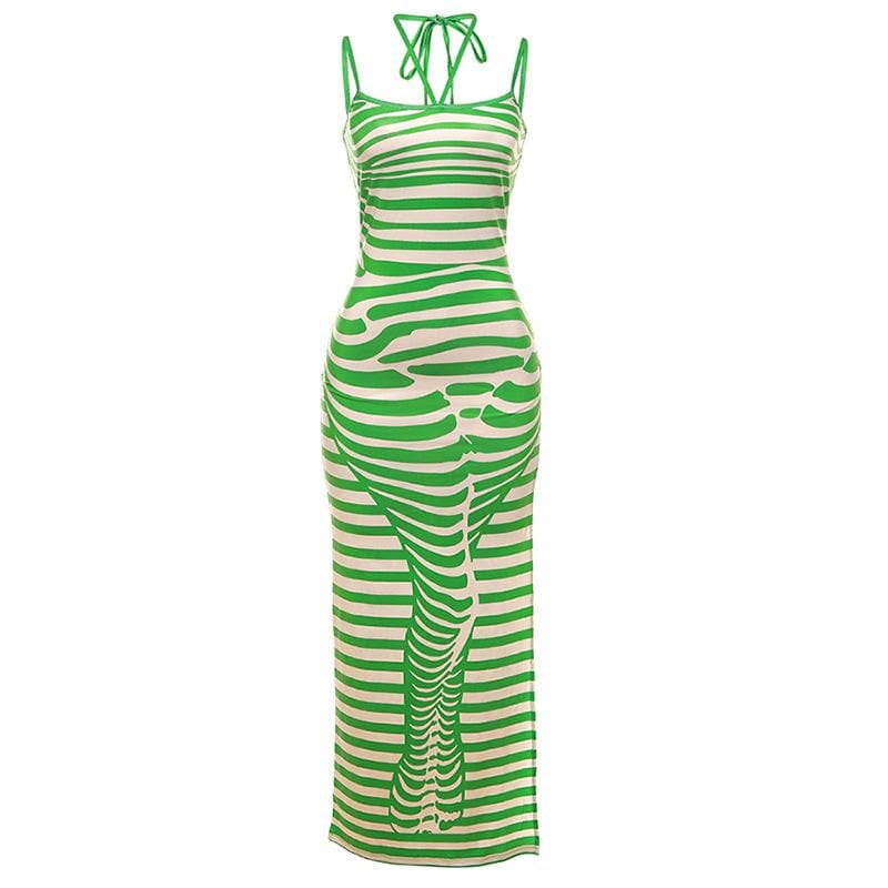 Striped Halter Tie Spaghetti Strap Bodycon Maxi Dress