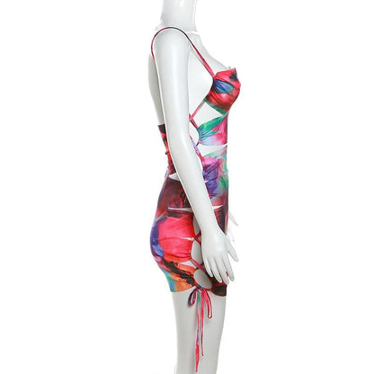 Floral Print Drawstring Waist Cutout Cami Mini Dress