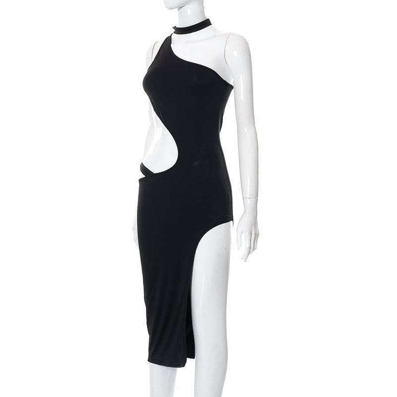 One Shoulder Choker Neck Waist Cutout Asymmetric Hem Mini Dress