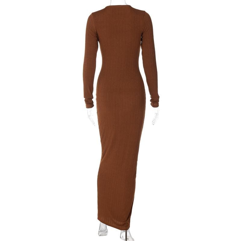 Ribbed Knit Crew Neck Long Sleeve Bodycon Maxi Dress
