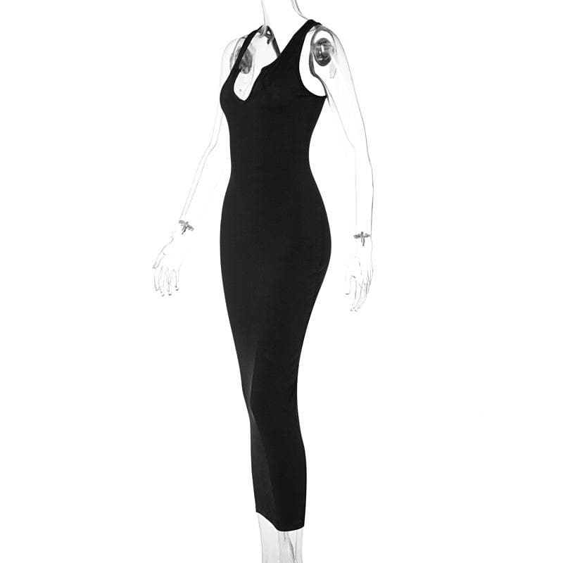 Notch Neck Sleeveless Ribbed Knit Bodycon Maxi Dress