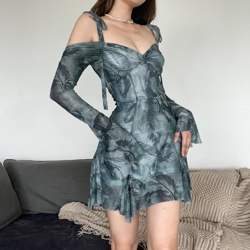 Cold Shoulder Halter Neck Tie Dye Ruched Sweetheart Babydoll Mini Dress