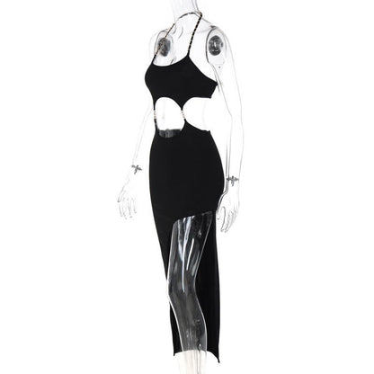 Chain Strap Halter Waist Cutout Ring Detail Slit Midi Dress