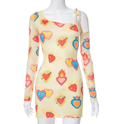 Asymmetrical One Shoulder Cold Shoulder Heart Print Long Sleeve Bodycon Mini Dress